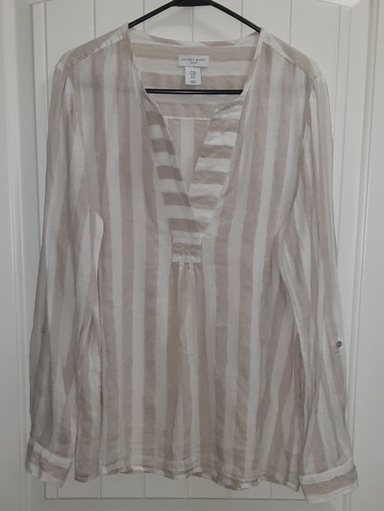 Antibes Blanc Tops - Antibes Blanc 100% Linen Striped Roll-Tab Tunic Top Blouse Beige Size M